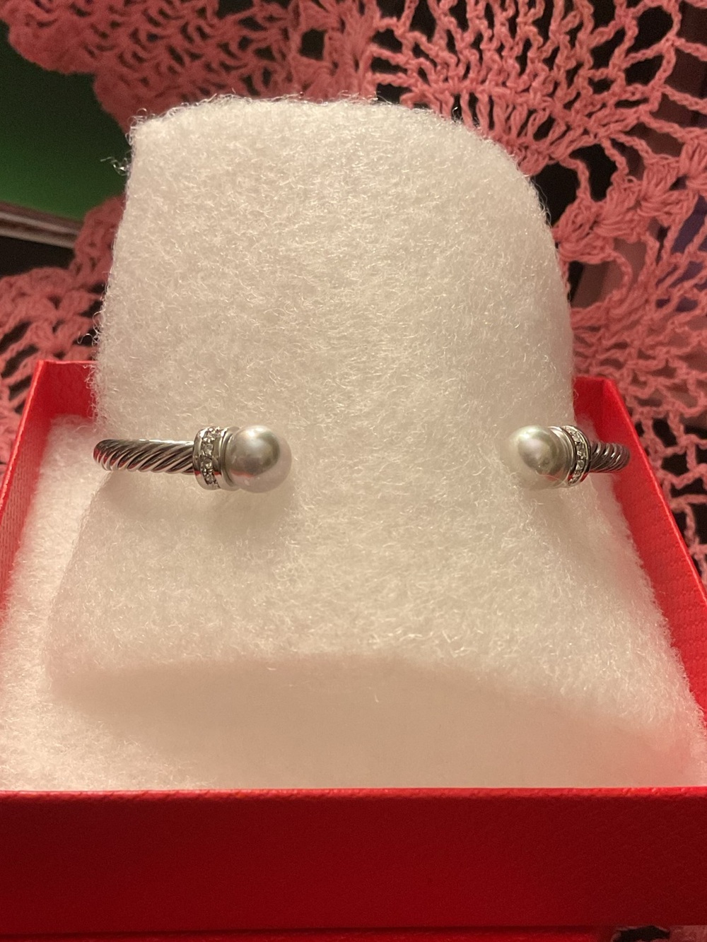 Sterling Silver Cable Cuff Bracelet with Pearl Ends - White